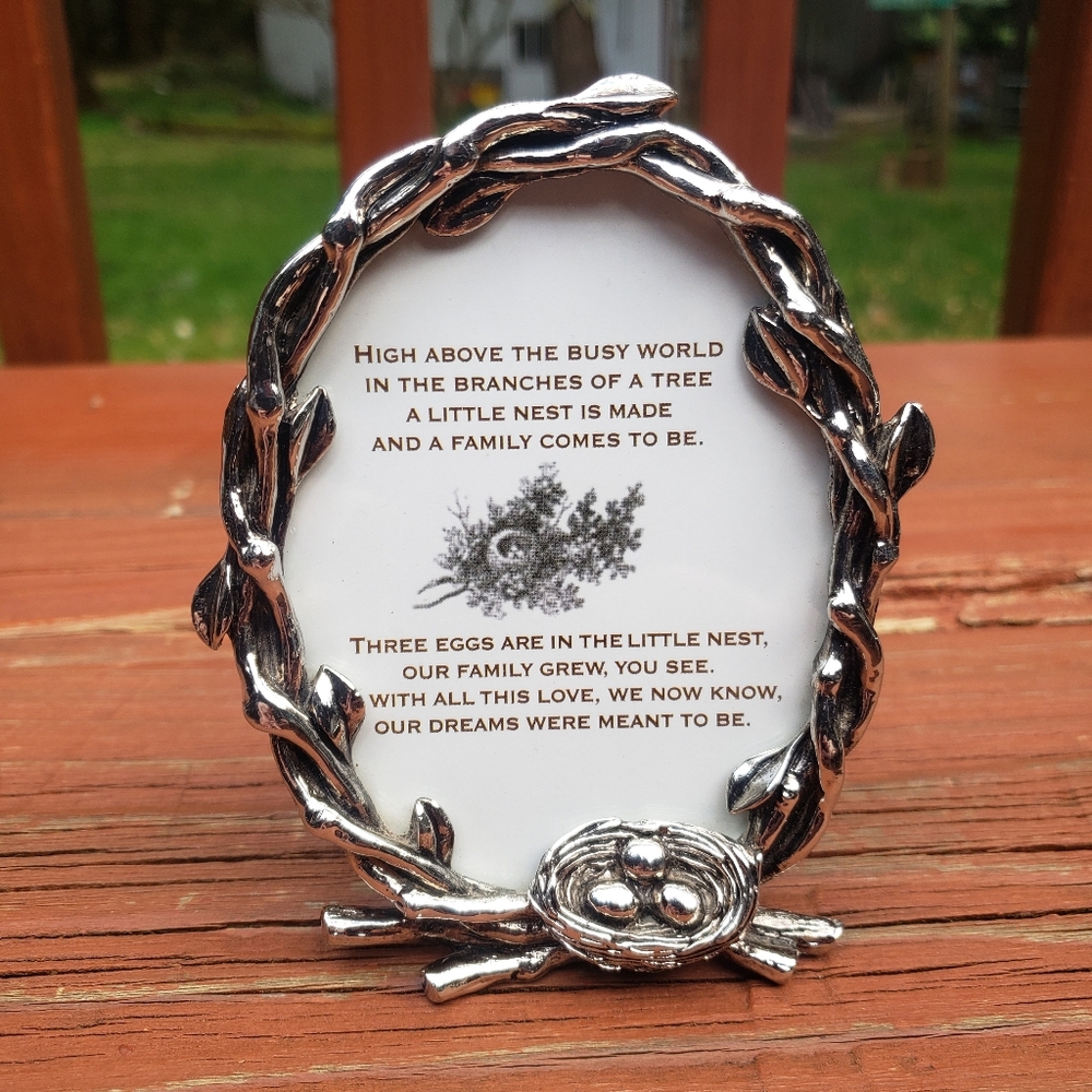 Bird Nest, Branches and Eggs Silver Picture Frame- Free Standing - 4.5" TALL